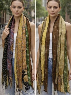 Bohemian Boho Multi-Striped Lightweight Patchwork Scarf Yellow, Brown, Green